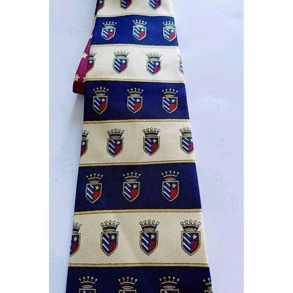Tommy Hilfiger Neck Tie Crest 100% Italian Silk Yellow Red Navy Blue Tie Vtg 90s
